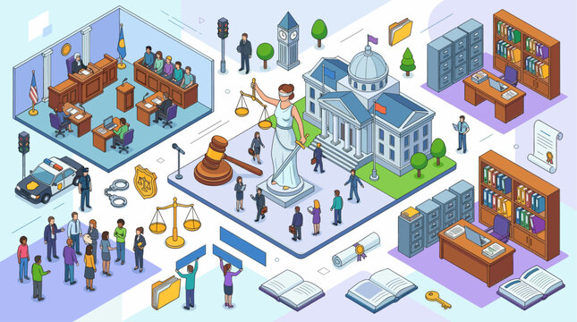 Justice System, Courtroom and Law Enforcement Isometric Vector Illustration Set