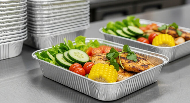Freshly grilled chicken breast with vibrant vegetables including lettuce, cucumbers, tomatoes, and corn on the cob in aluminum take-out containers