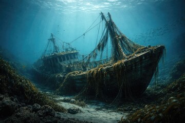 Obraz premium Seabed scene featuring sunken fishing craft entangled in seaweed with copyspace