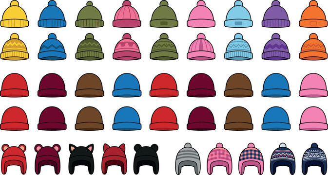 Cute winter beanie vector collection with colorful knitted hats and seasonal headwear isolated for fashion design projects