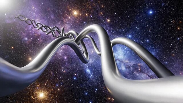 A metallic helix sculpture, resembling a DNA strand, gracefully curves across a vast cosmic expanse filled with glowing nebulae and countless distant stars, creating an ethereal