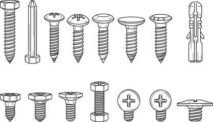 Screws bolts anchors and fastener heads hand drawn vector hardware collection for construction and engineering projects © MDRAKIB