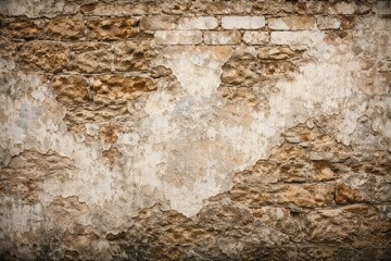 Fototapeta premium Rustic stone and white brick wall with faded weathered paint on aged stucco surface
