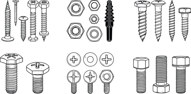 Screws bolts nuts washers and fasteners hand drawn vector hardware collection isolated engineering construction elements