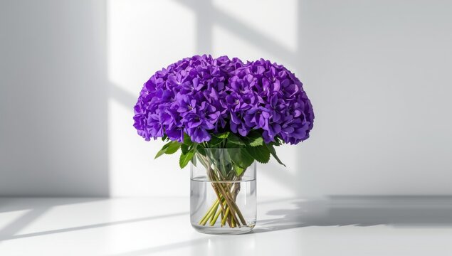 Bright violet viola odorata floral arrangement in a vase placed on a crisp white surface allowing space for text