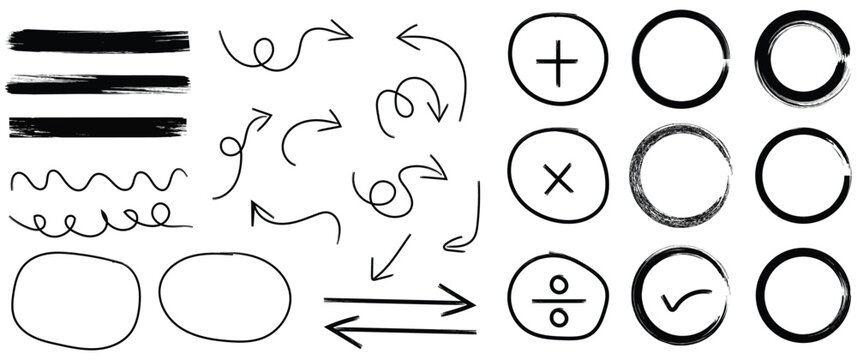 Arrow, circle, underline marker hand pen set. Line red hand drawn pen marker stroke underline, arrow, check mark emphasis. Round oval, circle scribble frame, arrow elements . Vector illustration