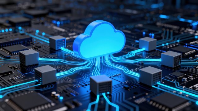 Futuristic cloud computing and edge network infrastructure with glowing digital data connections, idea for distributed server technology and enterprise IT communication