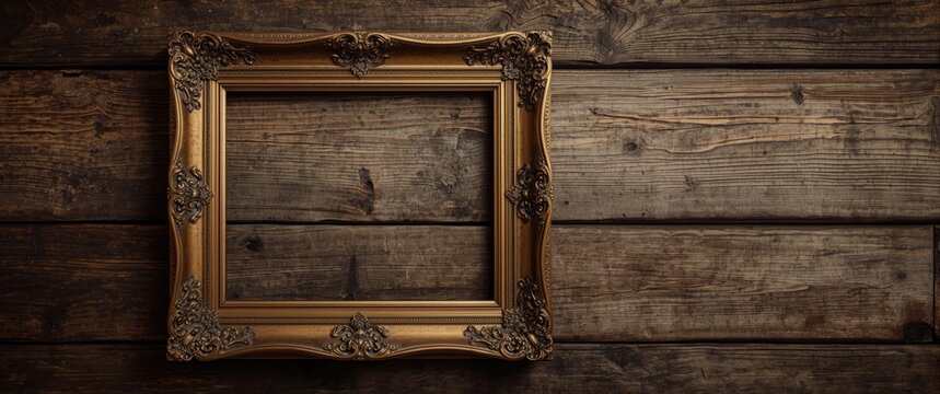 Antique Picture Frame Against Rustic Wood Wall Three-Dimensional View, Warm Tones