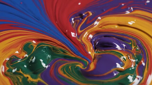 Vibrant multi-colored liquids creating an abstract swirling vortex of rich, glossy hues and dynamic patterns suggestive of creative expression and artistic exploration in a visually captivating