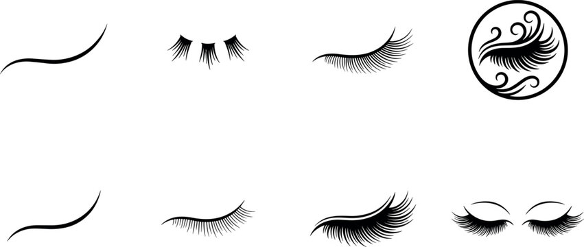 Elegant eyelash vector icon collection with curved lashes beauty emblems and cosmetic makeup design elements isolated