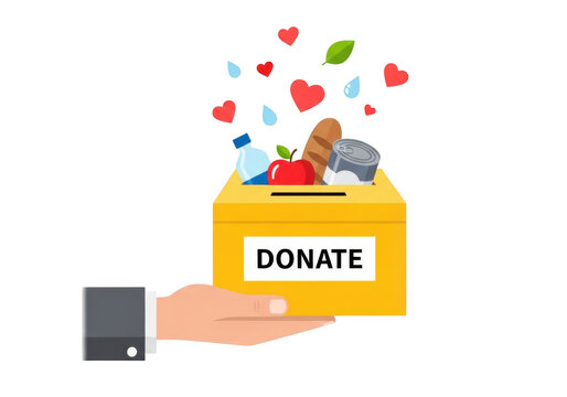 Donation box with various items being donated by a person. isolated on transparent background