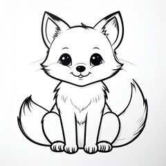 Obraz premium Cute white fox sitting with fluffy tail in black outline line art illustration style