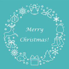 Fototapeta premium Christmas wreath design with holiday icons and Merry Christmas text on blue background