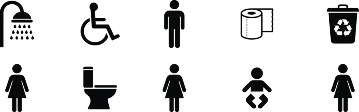 Public restroom and bathroom sign icon set featuring male female handicap accessible shower toilet and baby changing symbols