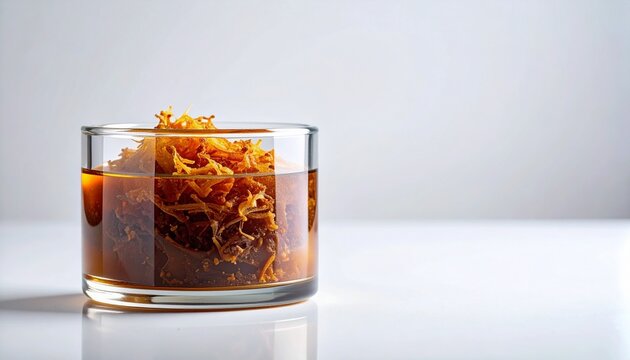Raw ambergris chunk in glass jar on white background close-up minimalist composition