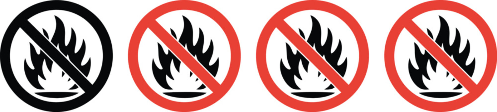 No fire icon set, banned fire symbols allowed and forbidden signs with safety warning icons for workplace and public safety graphics