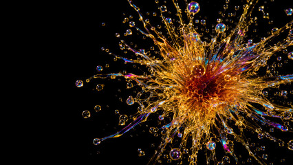 Obraz premium Golden liquid explosion creates stunning splash against black background, showcasing vibrant colors and intricate details in macro art