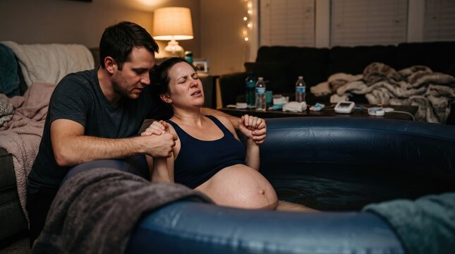 Man comforts pregnant woman during water birth at home