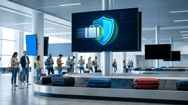 Airport baggage claim area with a digital screen displaying a luggage security icon