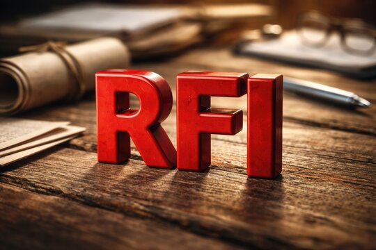 Red ceramic RFI abbreviation on aged wood texture symbolizing formal information inquiry