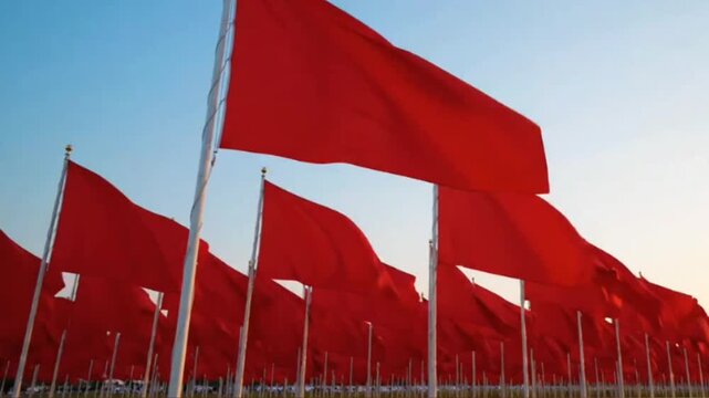 Red flags waving in wind against blue sky background during clear day at outdoor field representing communist symbol revolution power unity and group motion.