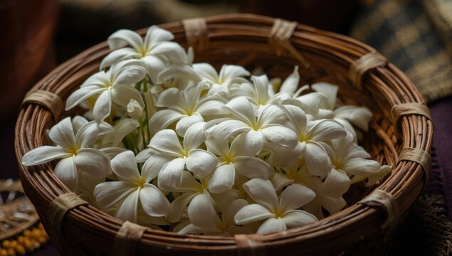 Bamboo Basket Filled with White Arabian Jasmine Flowers Rustic Setting, Soft Light, Natural Beauty