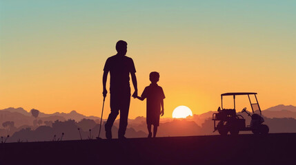 flat vector Silhouette of a father and son walking hand in hand after golf at sunset. Family bonding and peaceful outdoor moment with golf cart in background. © Pemuda
