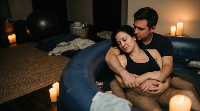 Couple embracing in a birth pool with candles lit