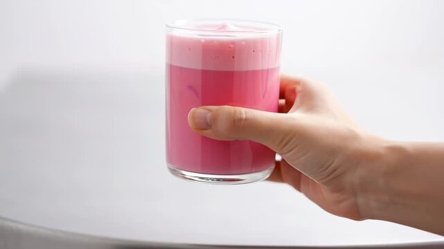 Hand reaching for and lifting a vibrant pink matcha latte in a clear glass. Modern beverage preparation and enjoyment.