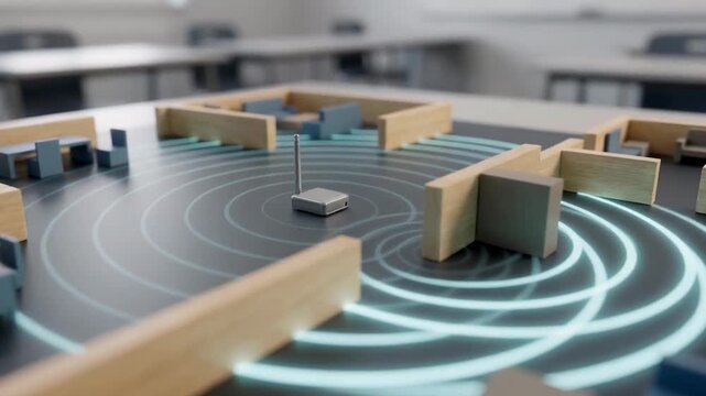 3D model depicting signal waves emanating from a central point on a table in a classroom setting