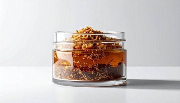 Raw ambergris chunk in glass jar on white background close-up minimalist composition