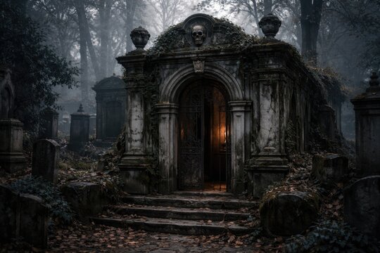 Mystical old cemetery crypt entry with weathered details