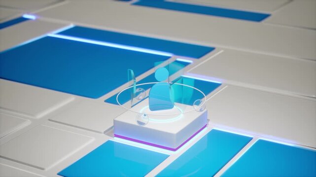 Translucent blue user profile icon rotates on a glowing high-tech platform with holographic ring. Perfect for user identity, account, login, profile, cyber security, and data privacy content.
