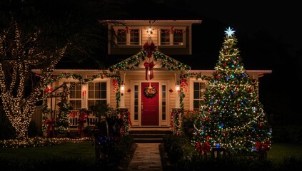 Fototapeta premium Christmas holiday home decorated with colorful lights and festive tree embellishments