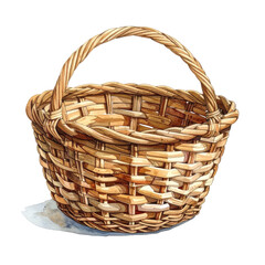 Obraz premium A watercolor illustration of an empty woven wicker basket, with a curved handle