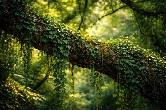 Dense climbing greenery covering a mature tree limb