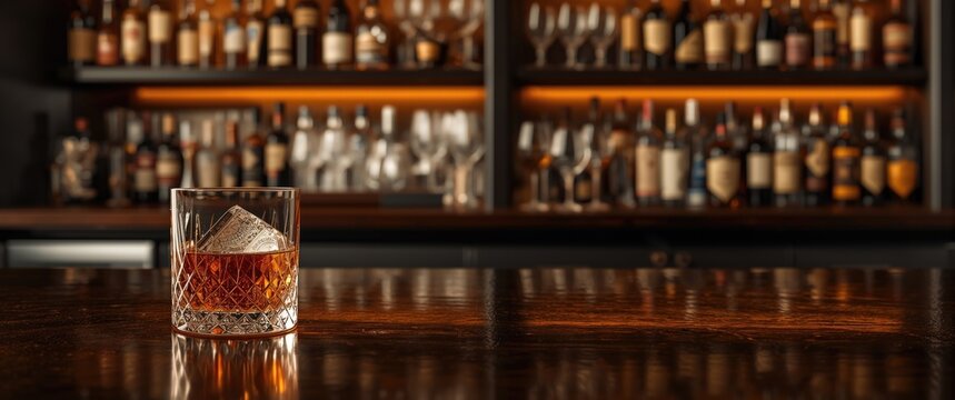 A classic alcoholic drink resting on a polished countertop with shelves full of bottles and stemware behind