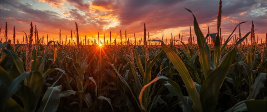 breathtaking sunset highlighting a dense corn stalk expanse