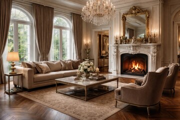 Fototapeta premium Sophisticated living room setting in a luxury home construction showcasing ornate fireplace and premium hardwood floors