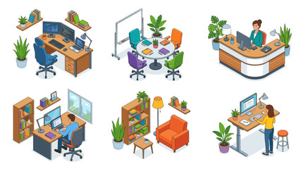 Naklejka premium Office Workspace, Meeting Room and Business Team Isometric Vector Illustration Set