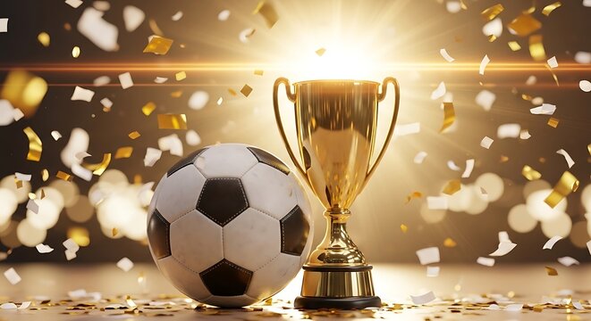 Championship gold cup and soccer ball in celebratory setting.