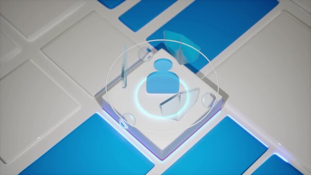 Translucent blue user profile icon rotates on a glowing high-tech platform with holographic ring. Perfect for user identity, account, login, profile, cyber security, and data privacy content.