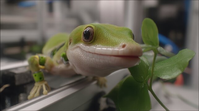 Close-up portrait of a vibrant green gecko with curious eyes peering from behind lush foliage