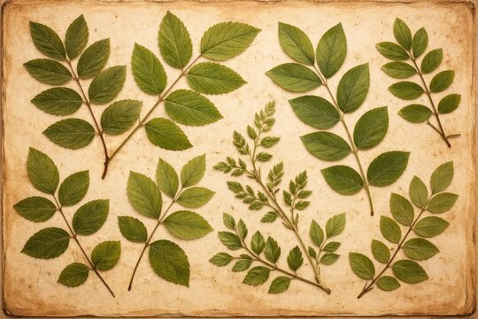Vintage botanical background showing pressed green leaves on old parchment