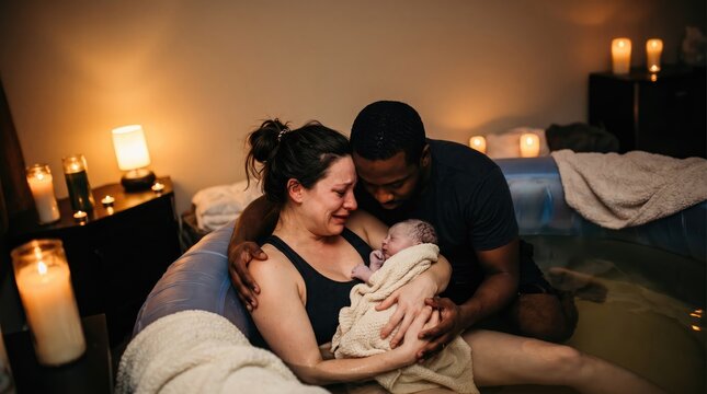 A crying mother embraces her newborn baby in a birthing pool, supported by her partner