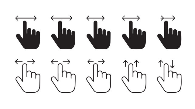 Comprehensive set of diverse multi-touch hand gesture icons for modern user interface design, representing common screen interactions like zooming, pinching, and scrolling on digital devices