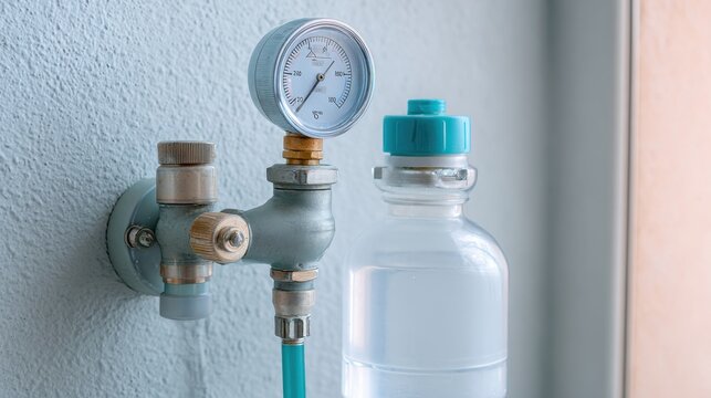 Oxygen flowmeter with attached humidifier bottle, medical equipment for respiratory therapy