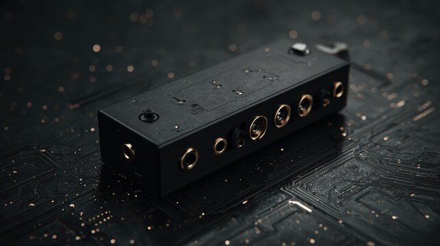 Small metallic electronic module connector with multiple audio input output ports on a circuit board background
