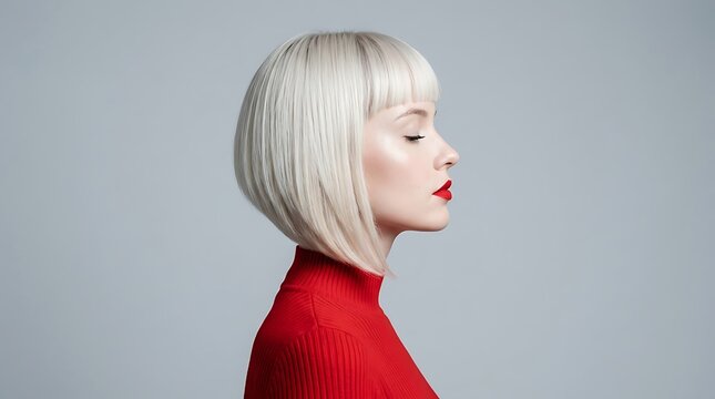 Beautiful woman with platinum blonde bob haircut and red lipstick in profile portrait