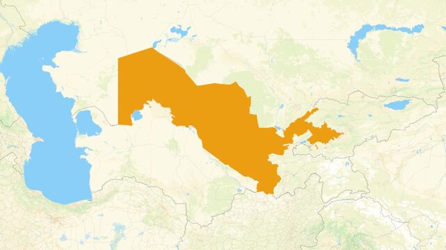 Zoom in on a Country from a Stylised World Map Uzbekistan